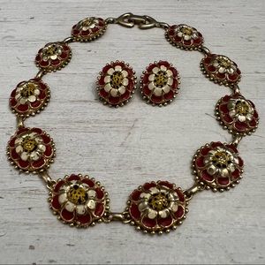 Marino Matching Vintage Floral Choker Necklace and Clip on Earrings Set